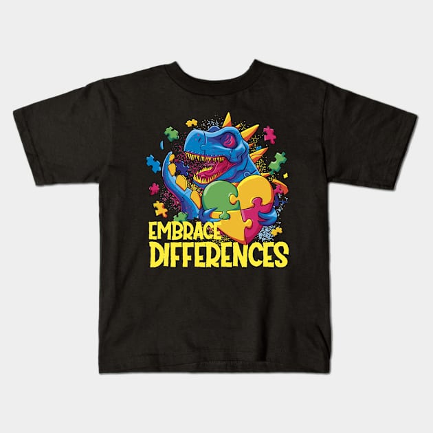 Autism Awareness Dinosaur Design for Love and Acceptance Embrace Differences Kids T-Shirt by star trek fanart and more